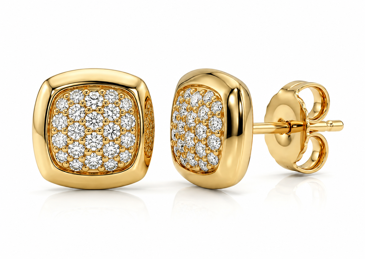 14K YELLOW GOLD DIAMOND PAVE SQUARE STUD EARRING