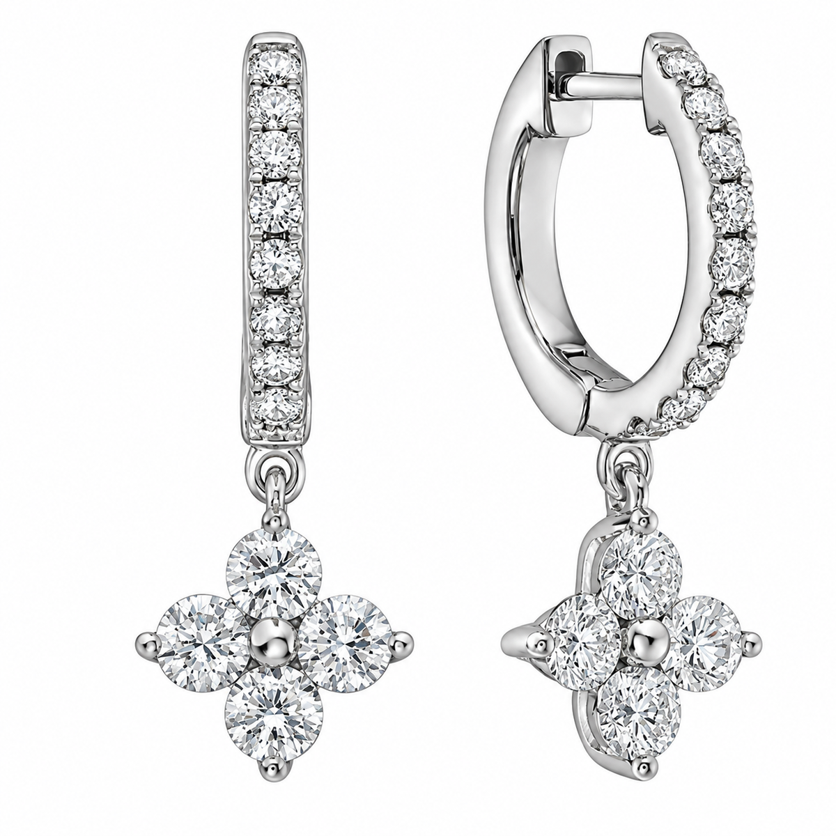 14K WHITE GOLD DIAMOND FLOWER DANGLE EARRINGS