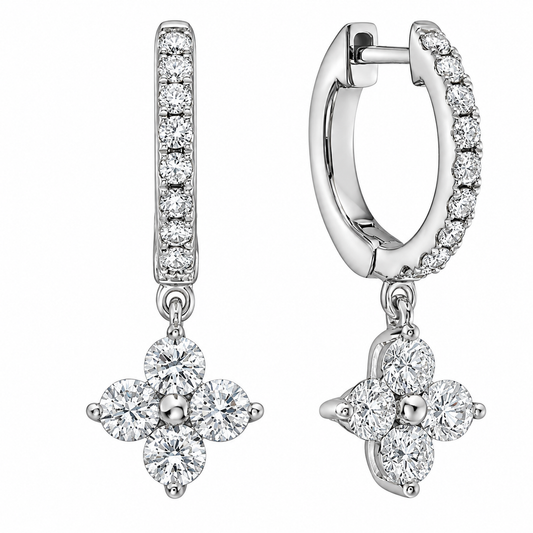 14K WHITE GOLD DIAMOND FLOWER DANGLE EARRINGS