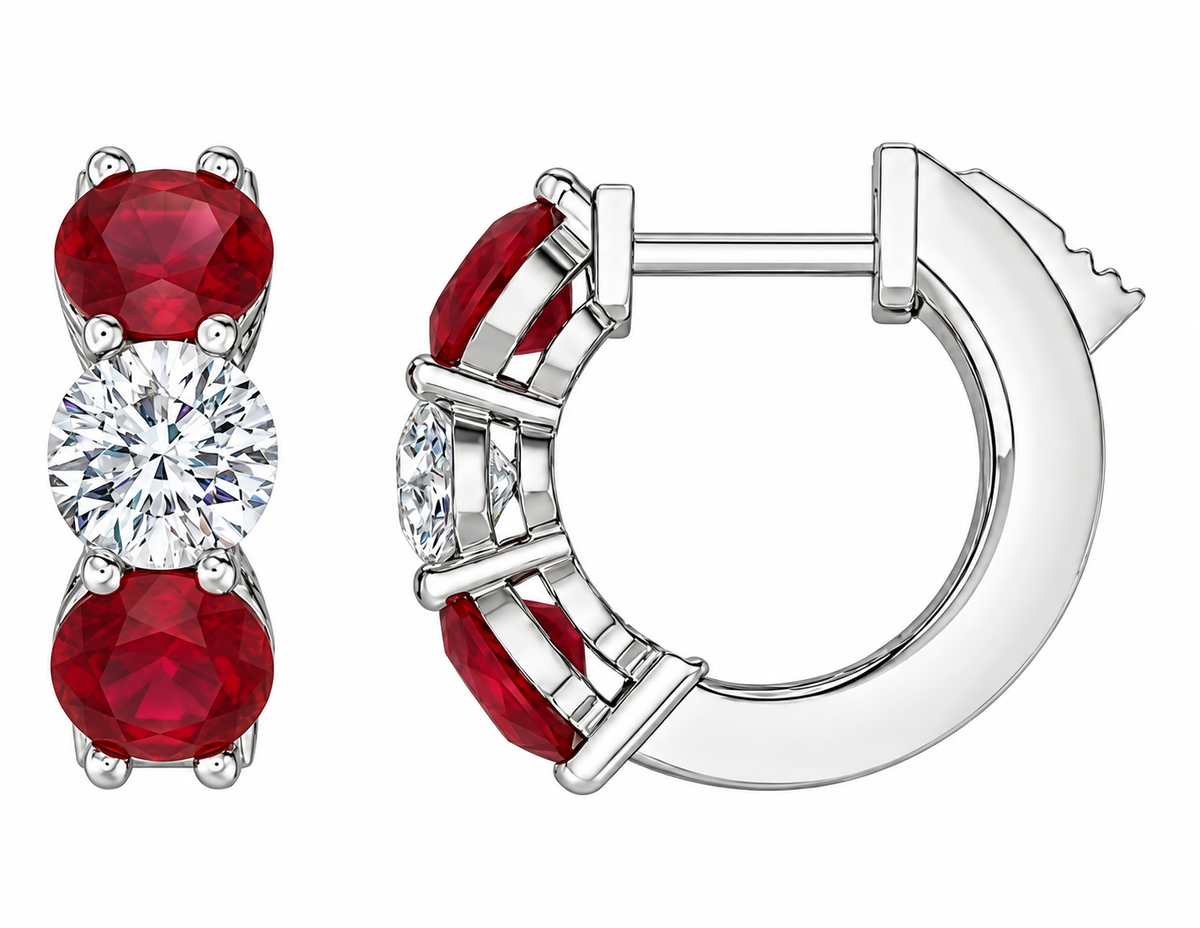 14K WHITE GOLD RUBY AND DIAMOND HUGGIES