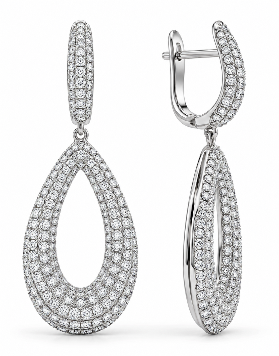 14K WHITE GOLD DIAMOND PAVE PEAR SHAPE DANGLE EARRINGS