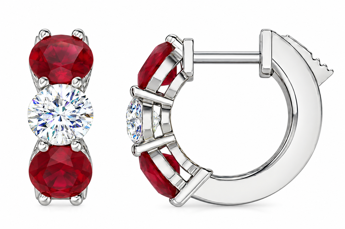 14K WHITE GOLD RUBY AND DIAMOND HUGGIE HOOPS