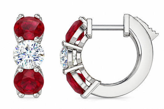 14K WHITE GOLD RUBY AND DIAMOND HUGGIE HOOPS