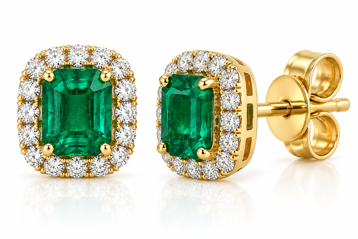2.15CTW EMERALD AND DIAMOND HALO STUDS