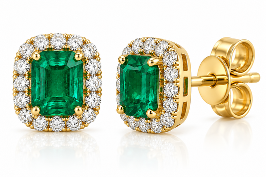 2.15CTW EMERALD AND DIAMOND HALO STUDS