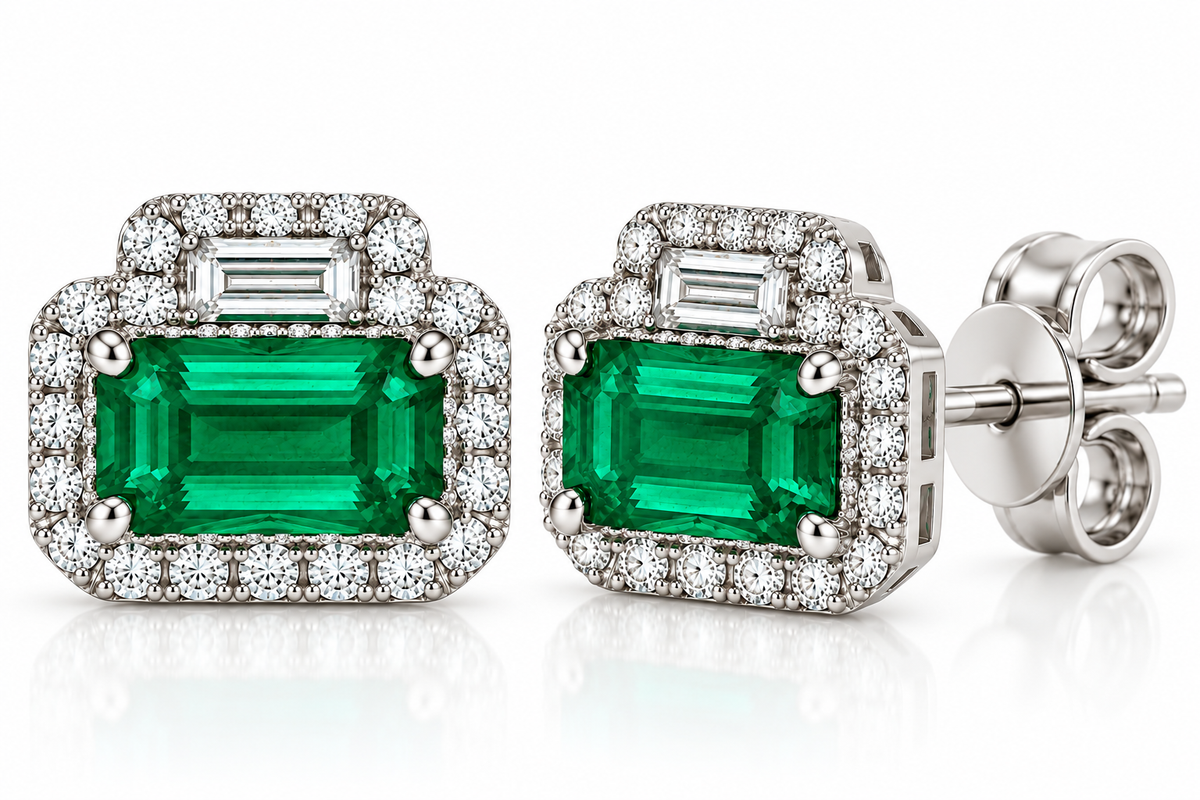 2.49CTW EMERALD AND DIAMOND STUD EARRINGS