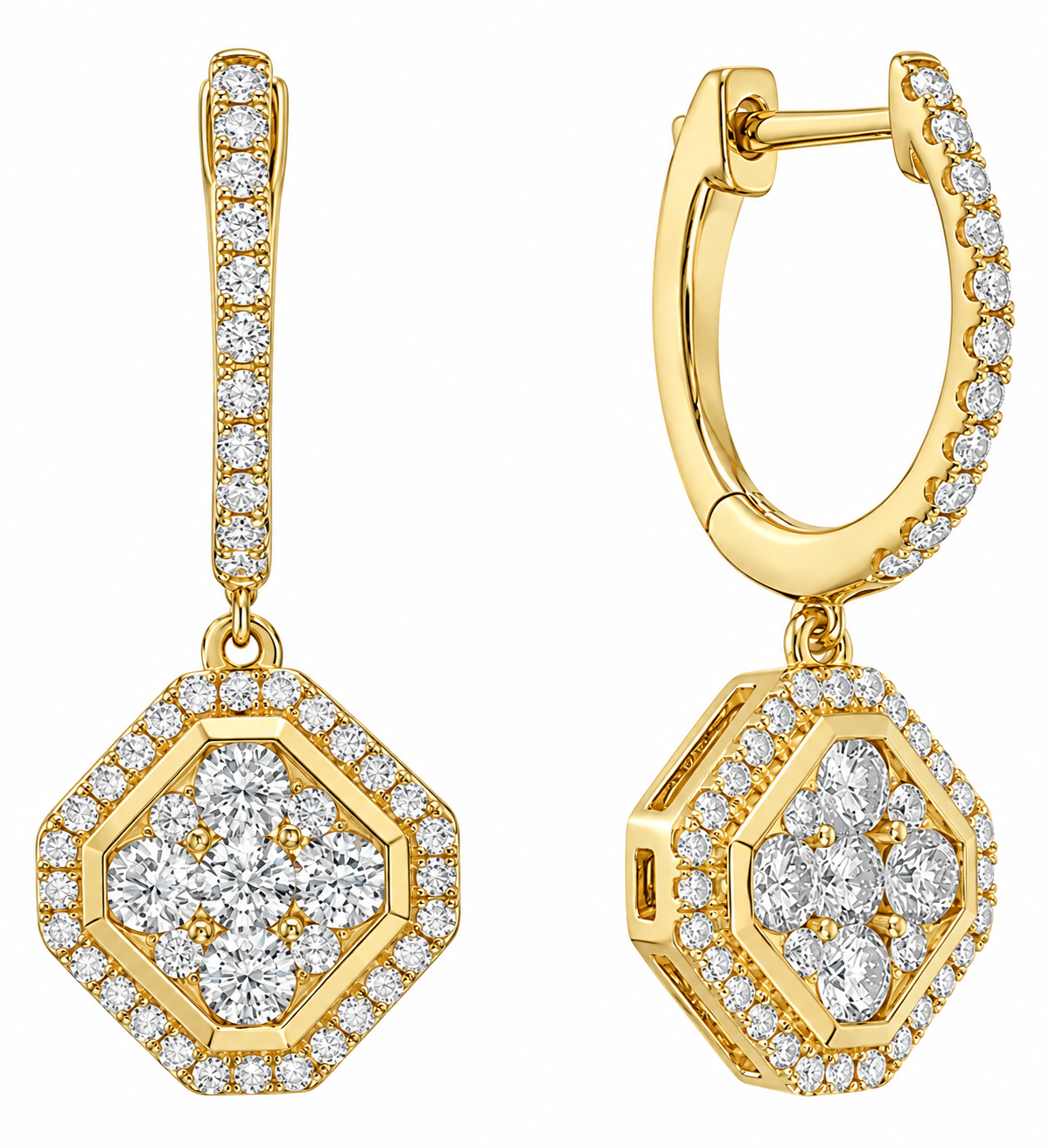 14K YELLOW GOLD SQUARE DIAMOND DANGLE EARRINGS