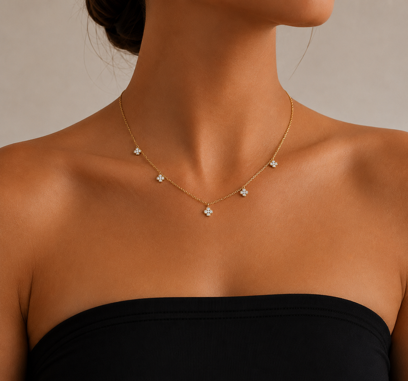 14K YELLOW GOLD DIAMOND CLOVER STATION NECKLACE