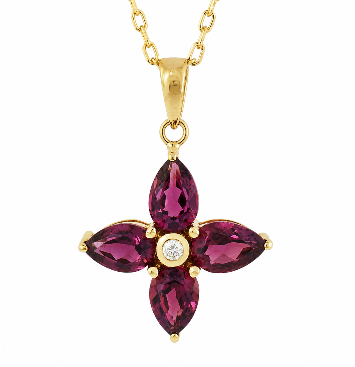14K YELLOW GOLD RHODOLITE AND DIAMOND FLOWER PENDANT