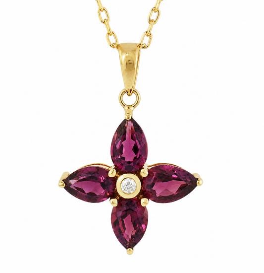 14K YELLOW GOLD RHODOLITE AND DIAMOND FLOWER PENDANT