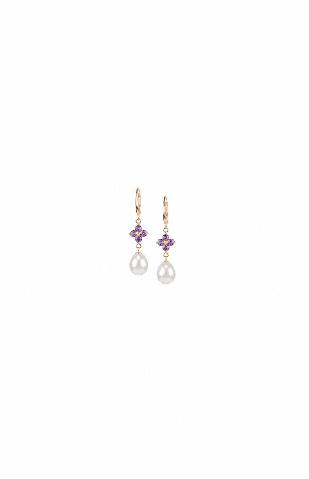 14K YELLOW GOLD PINK TOURMALINE FLOWER AND WHITE FRESHWATER PEARL DROP EARRINGS