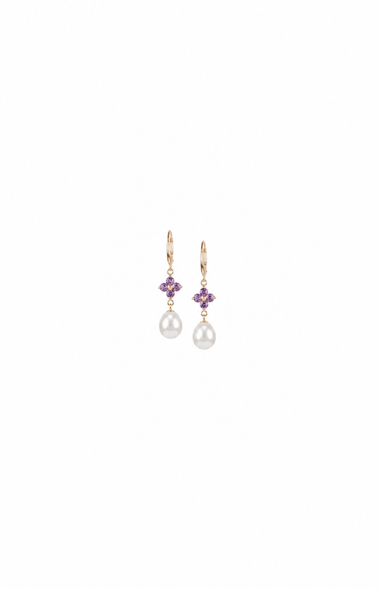 14K YELLOW GOLD PINK TOURMALINE FLOWER AND WHITE FRESHWATER PEARL DROP EARRINGS