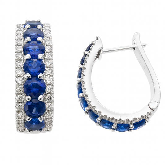 14K WHITE GOLD SAPPHIRE AND DIAMOND HUGGIE HOOPS