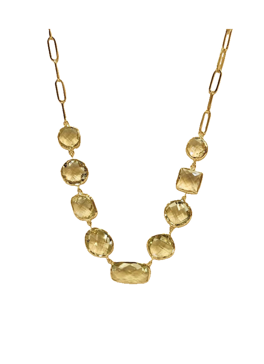14K YELLOW GOLD GREEN AMETHYST BEZEL SET PAPERCLIP NECKLACE