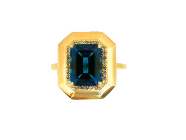 14K YELLOW GOLD EMERALD CUT LONDON BLUE TOPAZ AND DIAMOND RING
