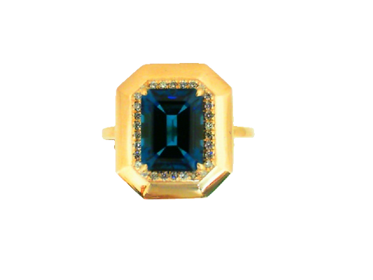 14K YELLOW GOLD EMERALD CUT LONDON BLUE TOPAZ AND DIAMOND RING