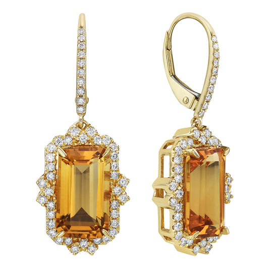 14K YELLOW GOLD CITRINE WITH EARTH MINED DIAMOND HALO DANGLE EARRINGS