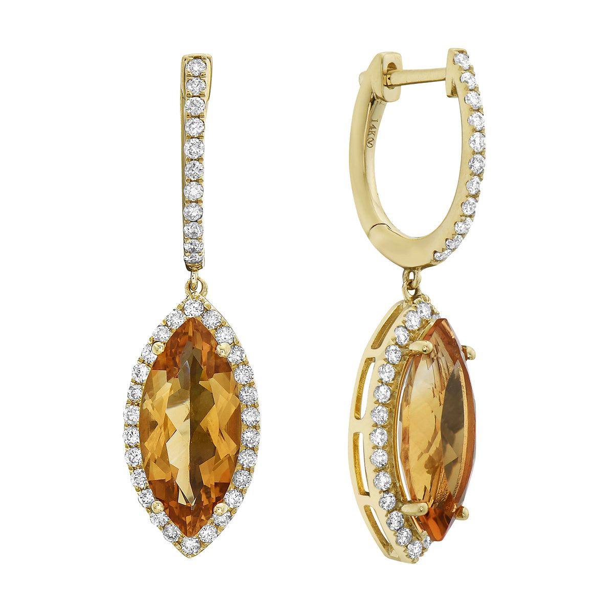 14K YELLOW GOLD CITRINE WITH EARTH MINED DIAMOND HALO DANGLE EARRINGS