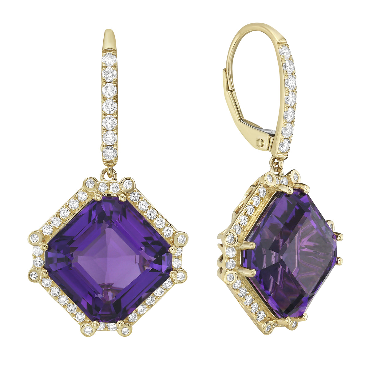 14K YELLOW GOLD PURPLE AMETHYST WITH EARTH MINED DIAMOND HALO DANGLE EARRINGS