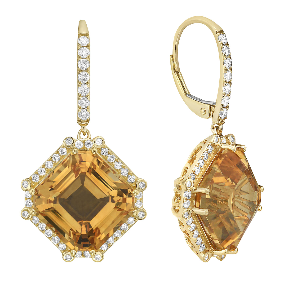 14K YELLOW GOLD CITRINE WITH EARTH MINED DIAMOND HALO DANGLE EARRINGS