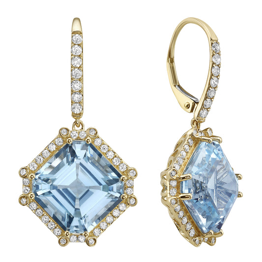14K YELLOW GOLD SKY BLUE TOPAZ WITH EARTH MINED DIAMOND HALO DANGLE EARRINGS
