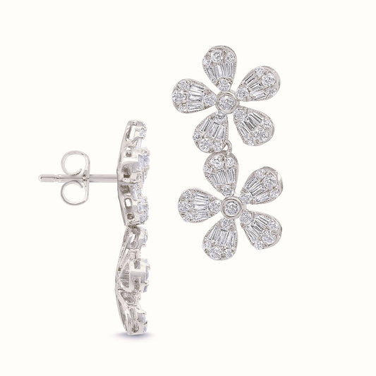 14K WHITE GOLD DOUBLE FLOWER DIAMOND DROP EARRINGS