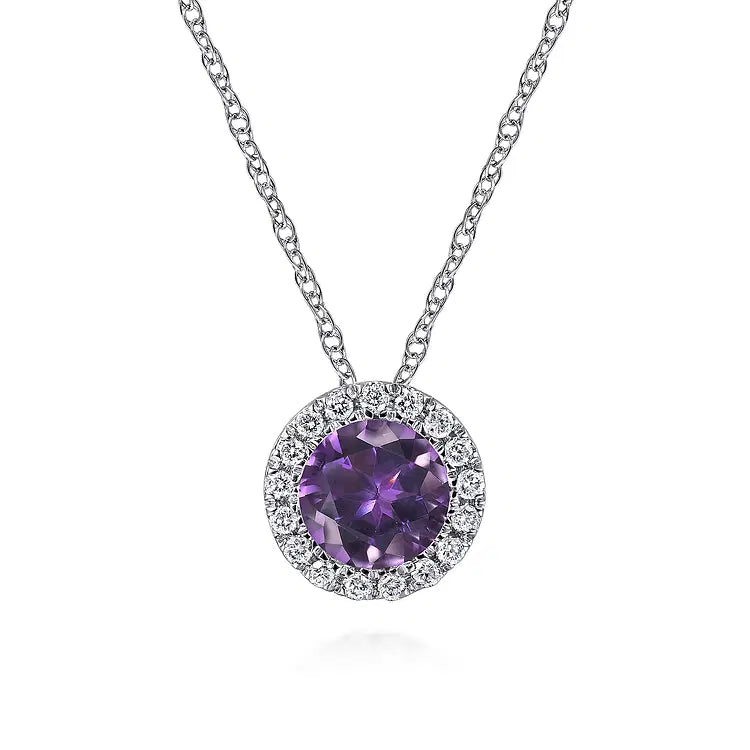 GABRIEL & CO 14K WHITE GOLD DIAMOND AND AMETHYST HALO PENDANT