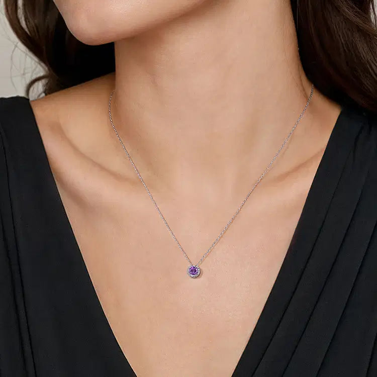 GABRIEL & CO 14K WHITE GOLD DIAMOND AND AMETHYST HALO PENDANT