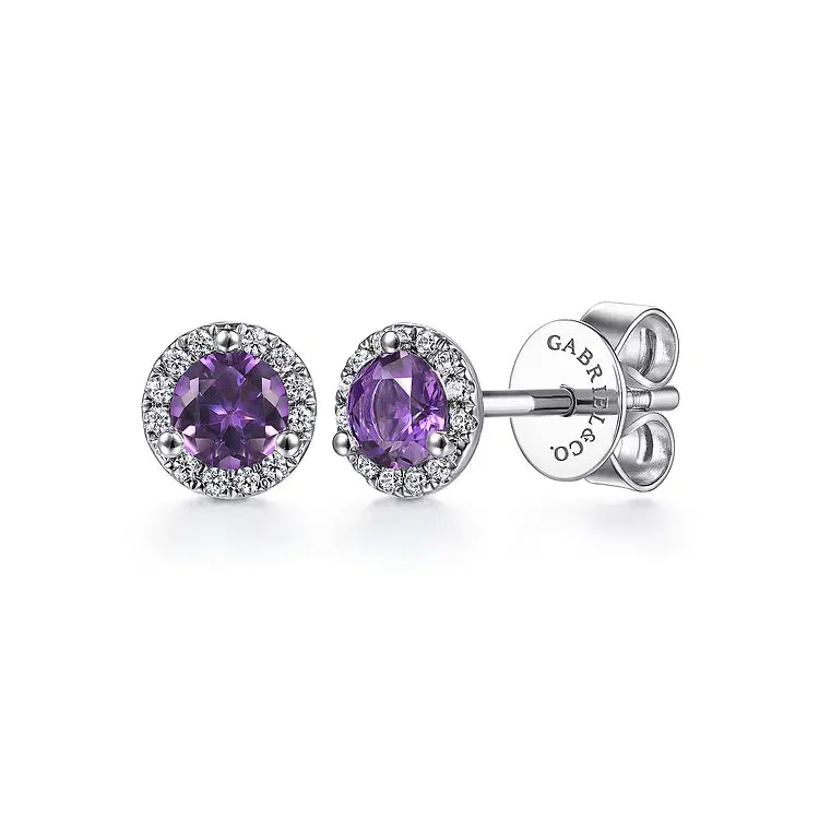 GABRIEL & CO 14K WHITE GOLD AMETHYST AND DIAMOND HALO STUDS