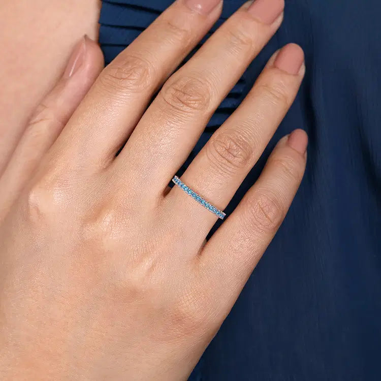 GABRIEL & CO 14K WHITE GOLD BLUE TOPAZ ETERNITY STACKABLE RING