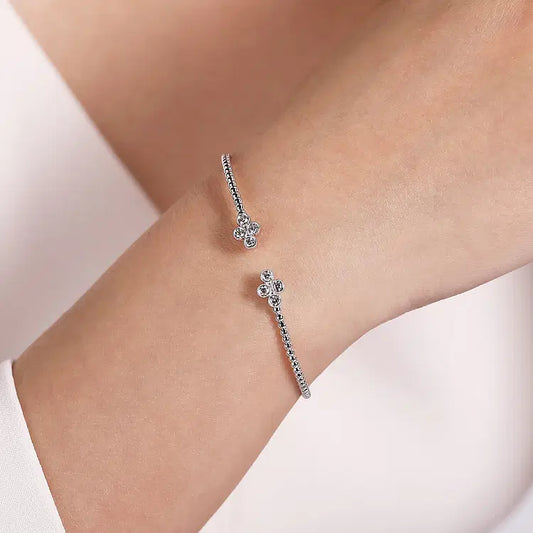 GABRIEL & CO 14K WHITE GOLD DIAMOND BUJUKAN BEAD SPLIT CUFF WITH QUATREFOIL DIAMOND ENDCAPS