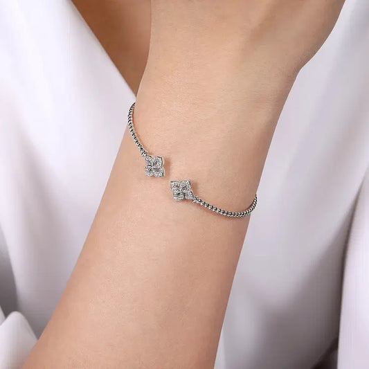 GABRIEL & CO 14K WHITE GOLD BUJUKAN SPLIT CUFF BRACELET WITH DIAMOND FLOWER CAPS
