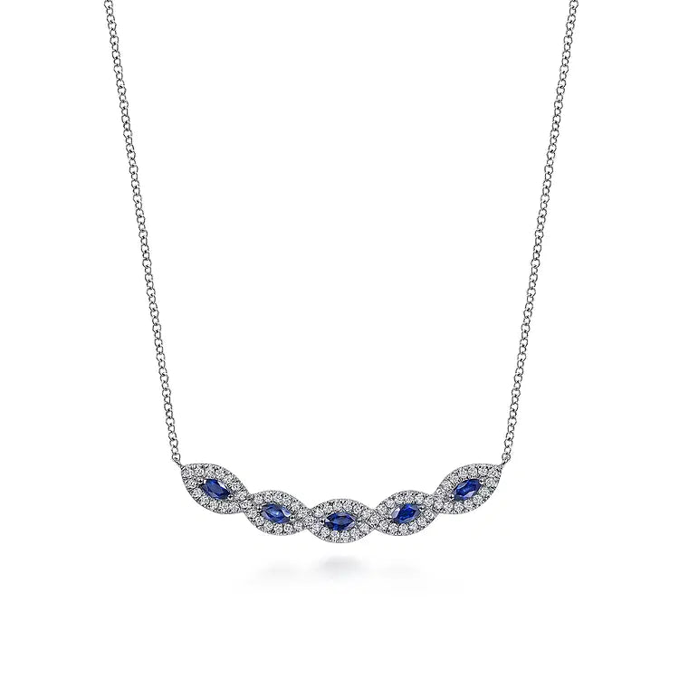 GABRIEL & CO 14K WHITE GOLD DIAMOND AND SAPPHIRE BAR HALO NECKLACE