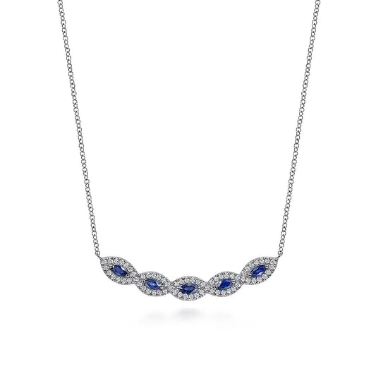GABRIEL & CO 14K WHITE GOLD DIAMOND AND SAPPHIRE BAR HALO NECKLACE