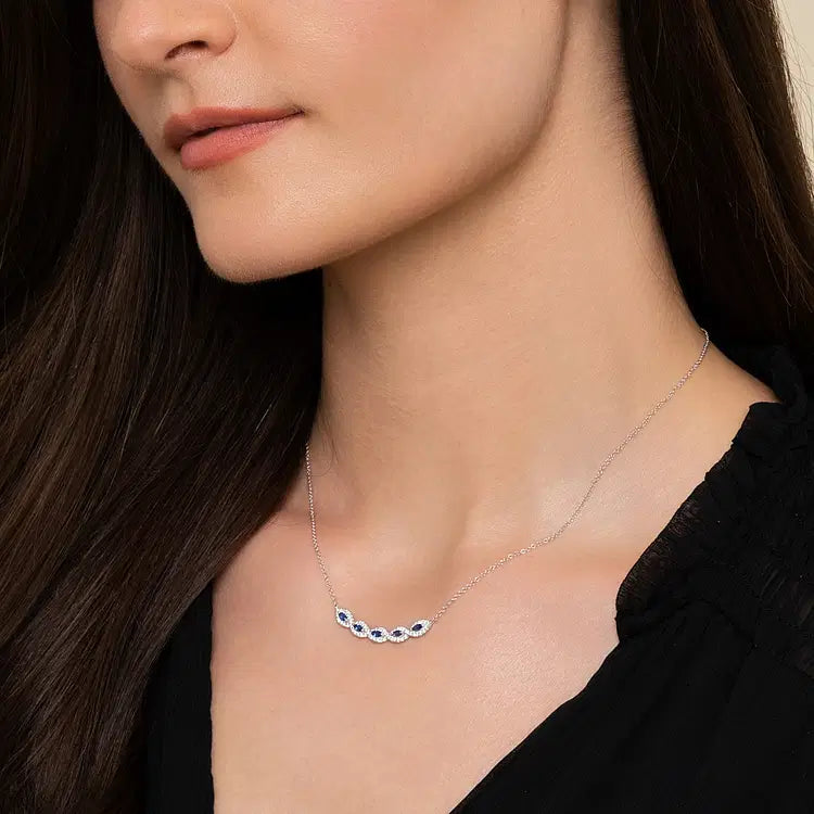 GABRIEL & CO 14K WHITE GOLD DIAMOND AND SAPPHIRE BAR HALO NECKLACE