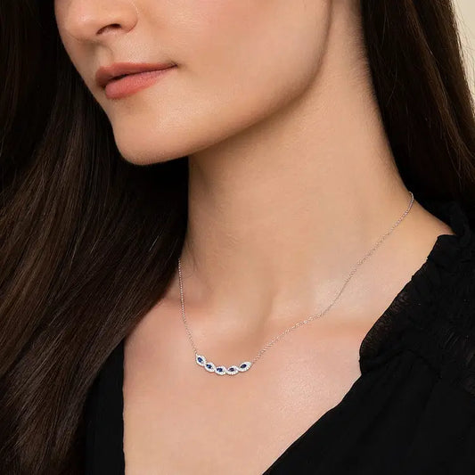 GABRIEL & CO 14K WHITE GOLD DIAMOND AND SAPPHIRE BAR HALO NECKLACE