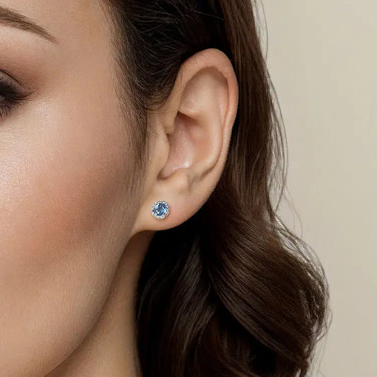 GABRIEL & CO 14K WHITE GOLD SWISS BLUE TOPAZ AND DIAMOND HALO STUDS