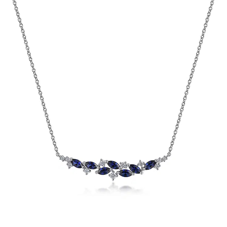 GABRIEL & CO 14K WHITE GOLD DIAMOND AND SAPPHIRE BAR NECKLACE