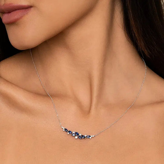 GABRIEL & CO 14K WHITE GOLD DIAMOND AND SAPPHIRE BAR NECKLACE