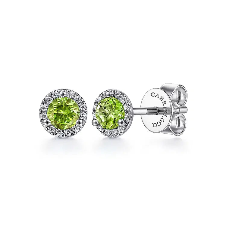 GABRIEL & CO 14K WHITE GOLD DIAMOND AND PERIDOT HALO STUDS