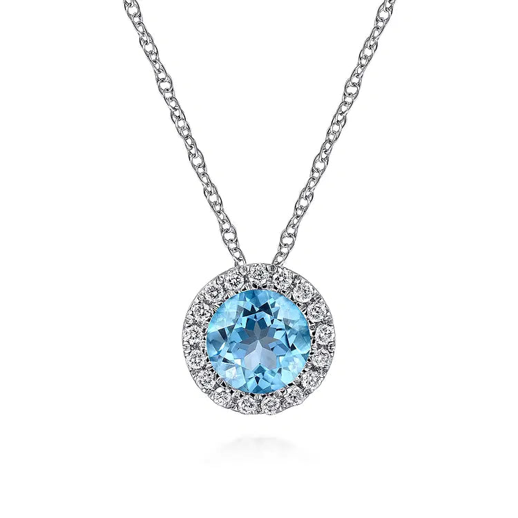GABRIEL & CO 14K WHITE GOLD DIAMOND AND SWISS BLUE TOPAZ HALO PENDANT