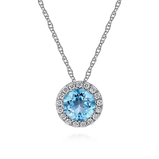 GABRIEL & CO 14K WHITE GOLD DIAMOND AND SWISS BLUE TOPAZ HALO PENDANT