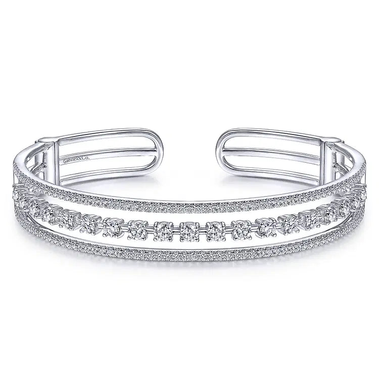 GABRIEL & CO 14K WHITE GOLD THREE ROW DIAMOND CUFF BRACELET