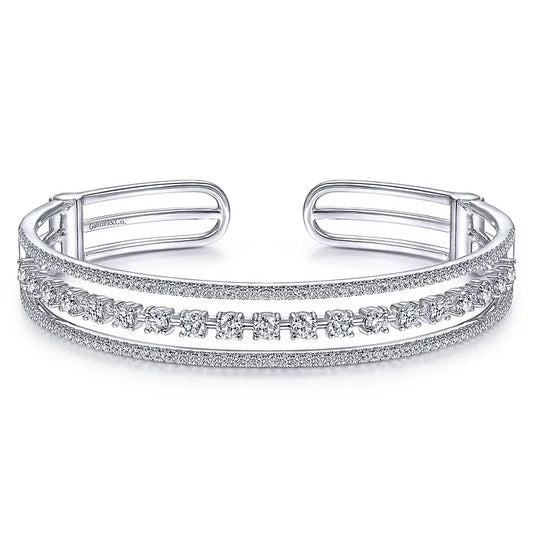 GABRIEL & CO 14K WHITE GOLD THREE ROW DIAMOND CUFF BRACELET