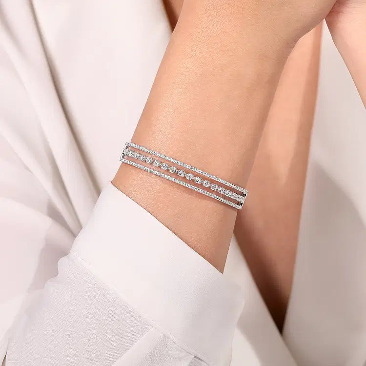 GABRIEL & CO 14K WHITE GOLD THREE ROW DIAMOND CUFF BRACELET