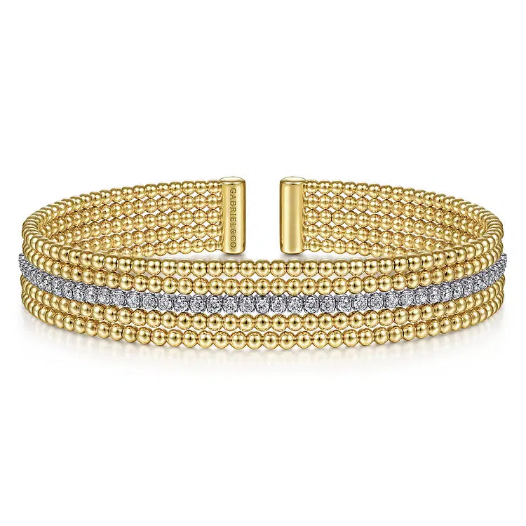 GABRIEL & CO 14K WHITE AND YELLOW GOLD DIAMOND  BUJUKAN BEAD CUFF BRACELET
