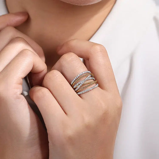 GABRIEL & CO 14K TWO TONE TWISTED ROPE AND DIAMONDS MULTI ROW RING