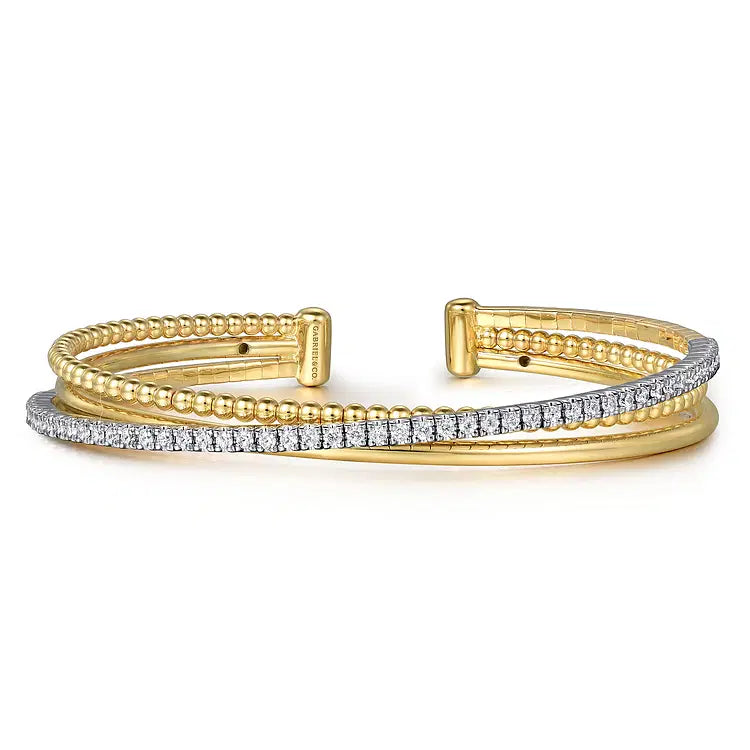 GABRIEL & CO 14K YELLOW AND WHITE GOLD BUJUKAN DIAMOND CRISS CROSS BANGLE