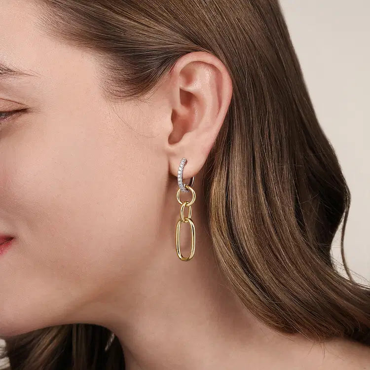GABRIEL & CO 14K TWO TONE  DIAMOND HUGGIE DROP EARRINGS