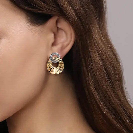 GABRIEL & CO 14K WHITE AND YELLOW GOLD DIAMOND DOUBLE ROUND DISK EARRINGS